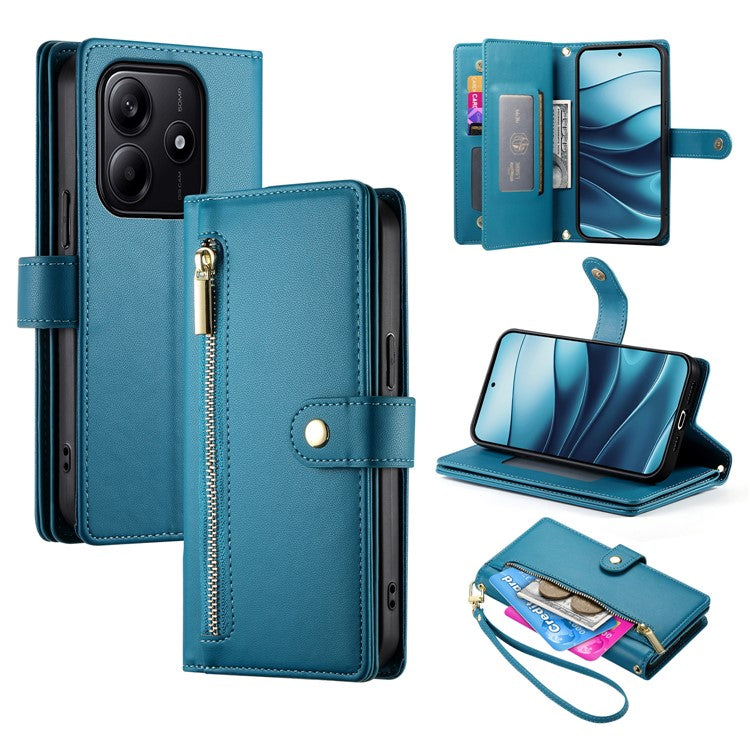 DF-011 For Xiaomi Redmi Note 14 5G / 14 4G Case Zipper Pocket Wallet Leather Phone Cover with Straps - Blue