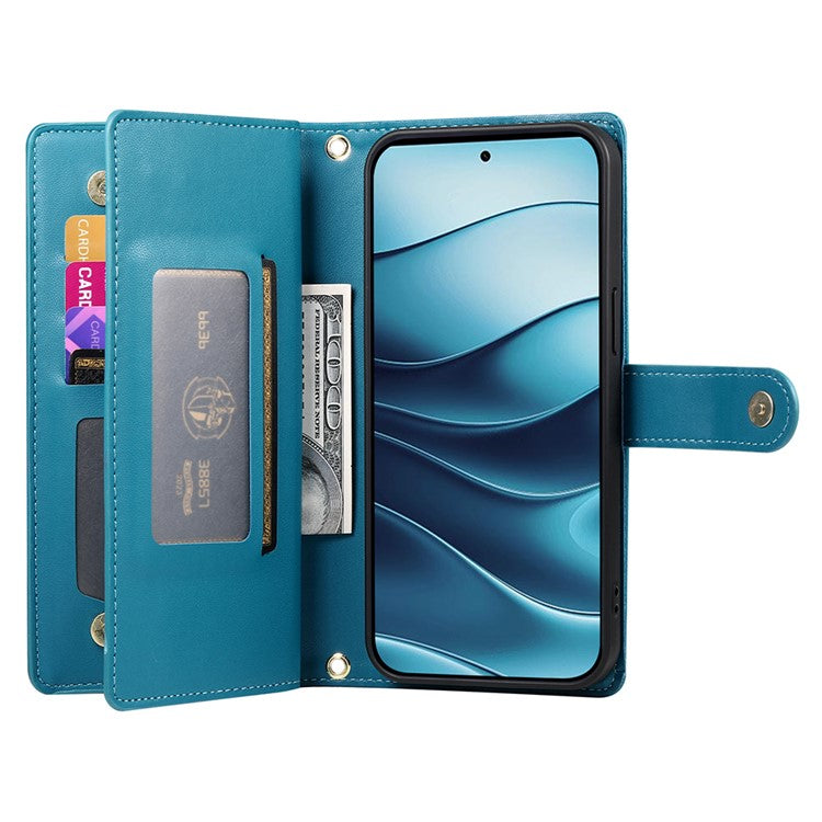 DF-011 For Xiaomi Redmi Note 14 5G / 14 4G Case Zipper Pocket Wallet Leather Phone Cover with Straps - Blue