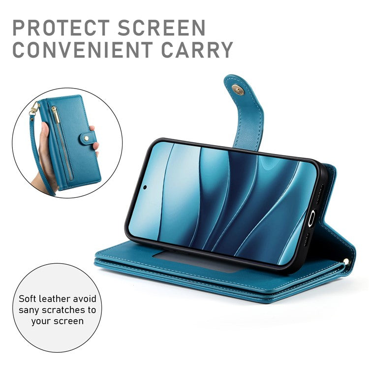 DF-011 For Xiaomi Redmi Note 14 5G / 14 4G Case Zipper Pocket Wallet Leather Phone Cover with Straps - Blue