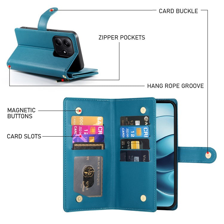 DF-011 For Xiaomi Redmi Note 14 5G / 14 4G Case Zipper Pocket Wallet Leather Phone Cover with Straps - Blue