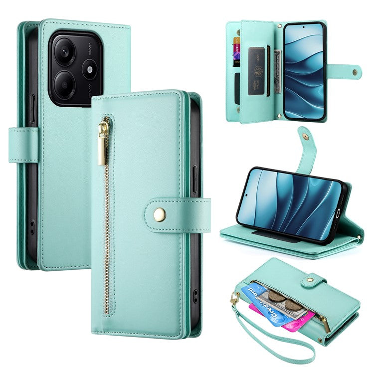 DF-011 For Xiaomi Redmi Note 14 5G / 14 4G Case Zipper Pocket Wallet Leather Phone Cover with Straps - Mint Green