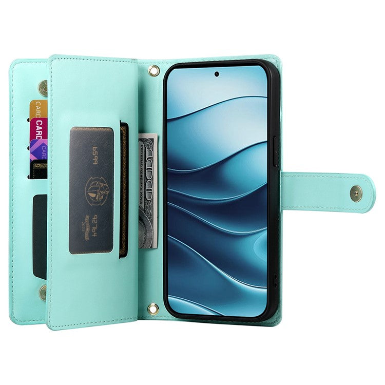 DF-011 For Xiaomi Redmi Note 14 5G / 14 4G Case Zipper Pocket Wallet Leather Phone Cover with Straps - Mint Green