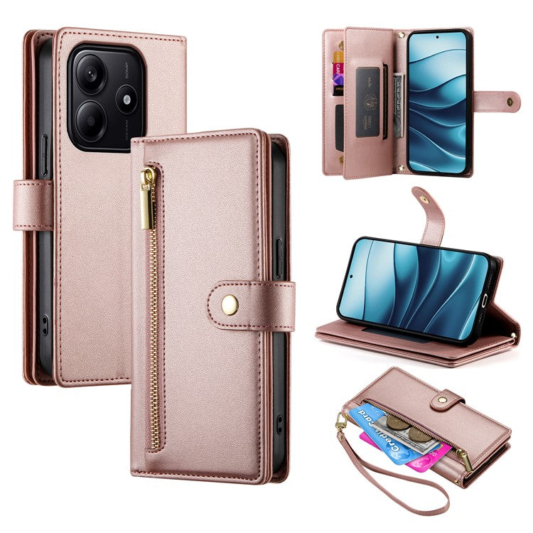 DF-011 For Xiaomi Redmi Note 14 5G / 14 4G Case Zipper Pocket Wallet Leather Phone Cover with Straps - Pink