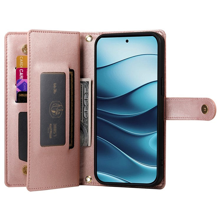 DF-011 For Xiaomi Redmi Note 14 5G / 14 4G Case Zipper Pocket Wallet Leather Phone Cover with Straps - Pink