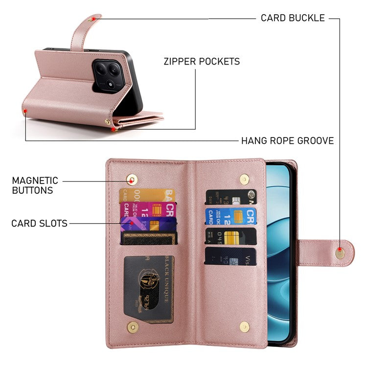 DF-011 For Xiaomi Redmi Note 14 5G / 14 4G Case Zipper Pocket Wallet Leather Phone Cover with Straps - Pink