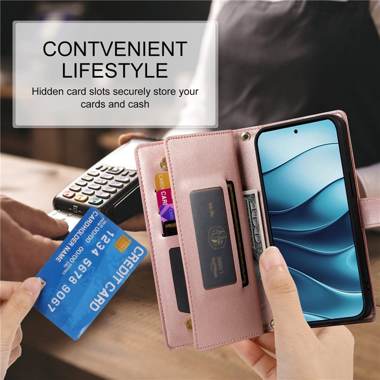 DF-011 For Xiaomi Redmi Note 14 5G / 14 4G Case Zipper Pocket Wallet Leather Phone Cover with Straps - Pink