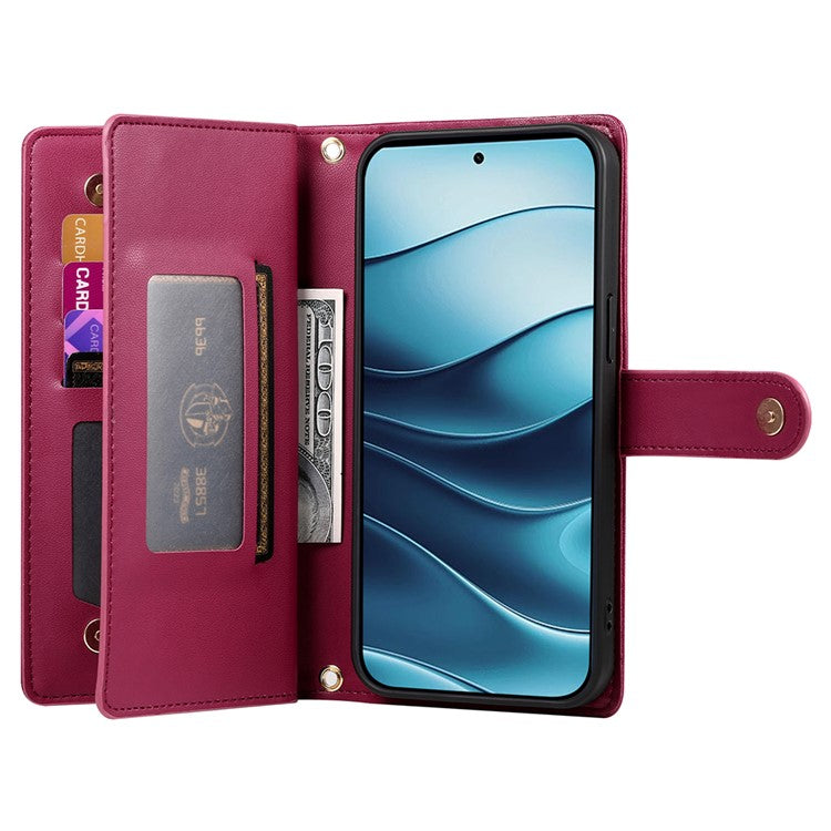 DF-011 For Xiaomi Redmi Note 14 5G / 14 4G Case Zipper Pocket Wallet Leather Phone Cover with Straps - Red