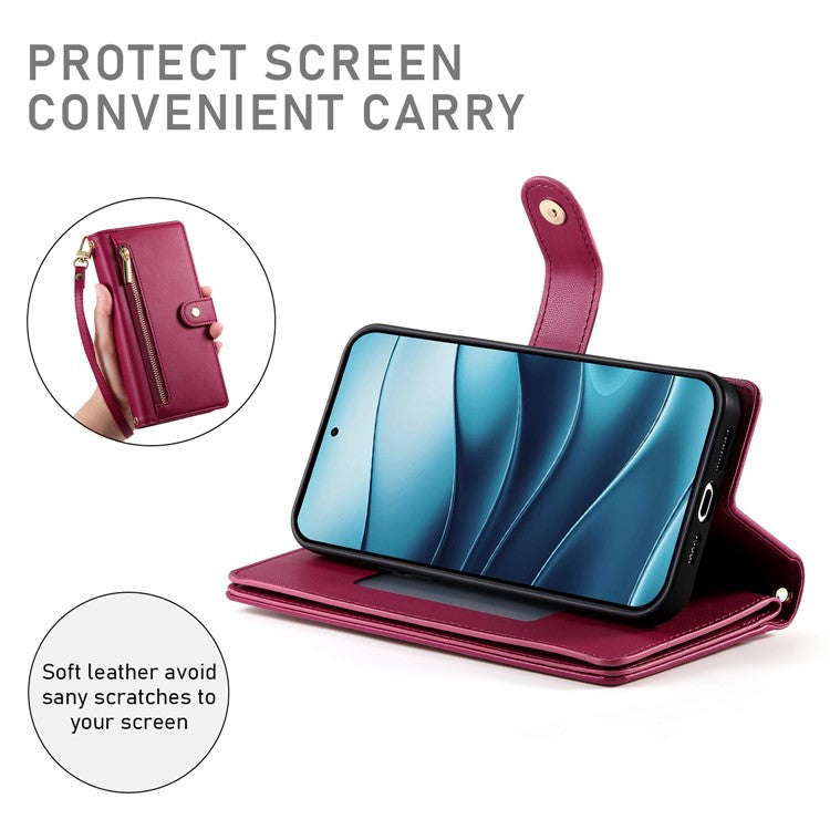 DF-011 For Xiaomi Redmi Note 14 5G / 14 4G Case Zipper Pocket Wallet Leather Phone Cover with Straps - Red