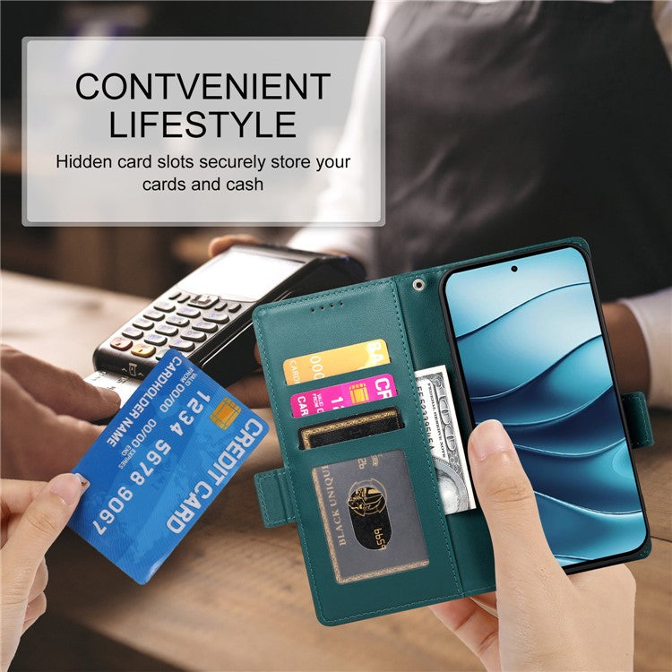 DF-010 For Xiaomi Redmi Note 14 5G / 14 4G Stand Case PU Leather Wallet Phone Cover - Blackish Green