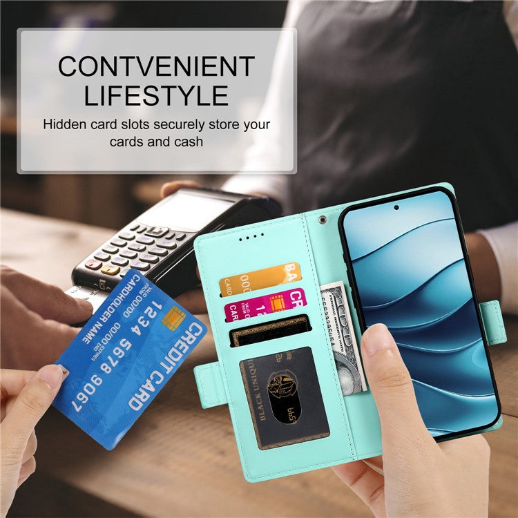 DF-010 For Xiaomi Redmi Note 14 5G / 14 4G Stand Case PU Leather Wallet Phone Cover - Mint Green