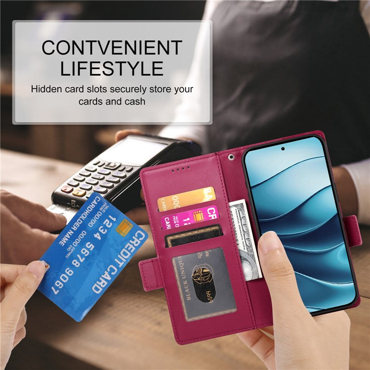 DF-010 For Xiaomi Redmi Note 14 5G / 14 4G Stand Case PU Leather Wallet Phone Cover - Wine Red