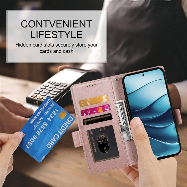 DF-010 For Xiaomi Redmi Note 14 5G / 14 4G Stand Case PU Leather Wallet Phone Cover - Rose Gold