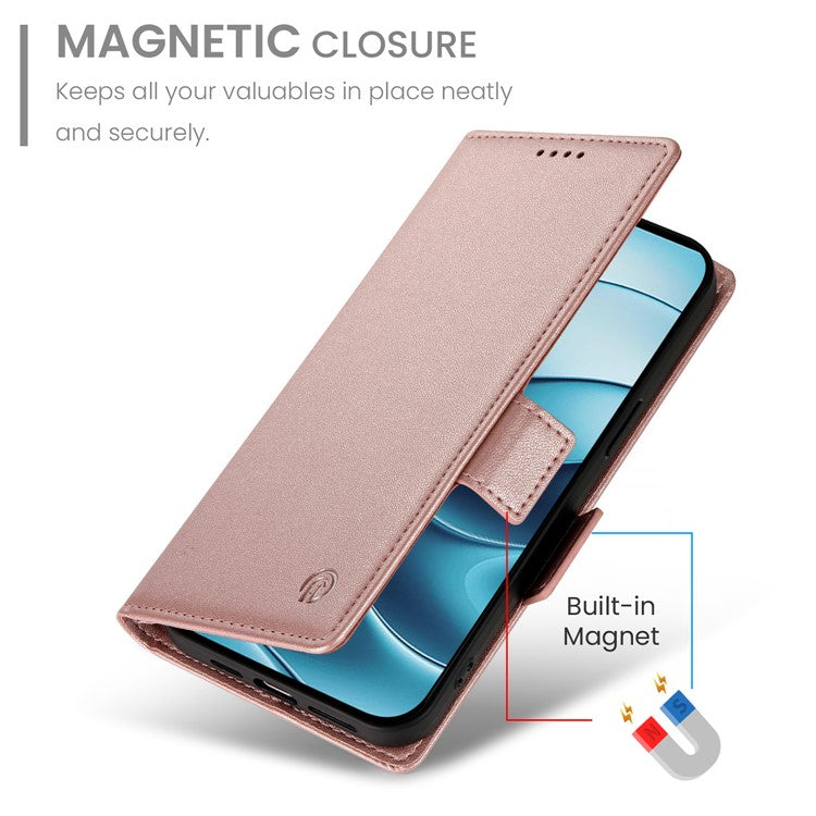 DF-010 For Xiaomi Redmi Note 14 5G / 14 4G Stand Case PU Leather Wallet Phone Cover - Rose Gold