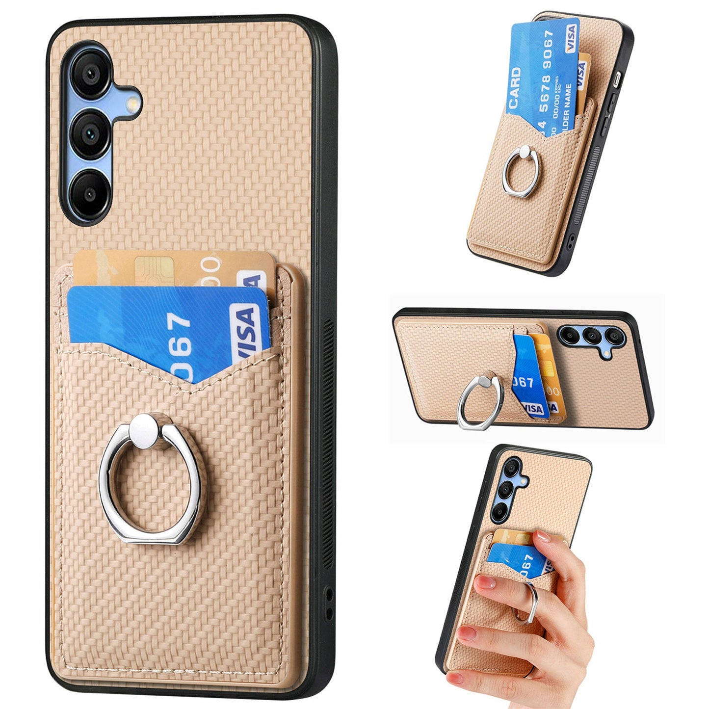 For Samsung Galaxy A16 4G / 5G Case Card Slots Ring Holder Kickstand Phone Cover - Apricot