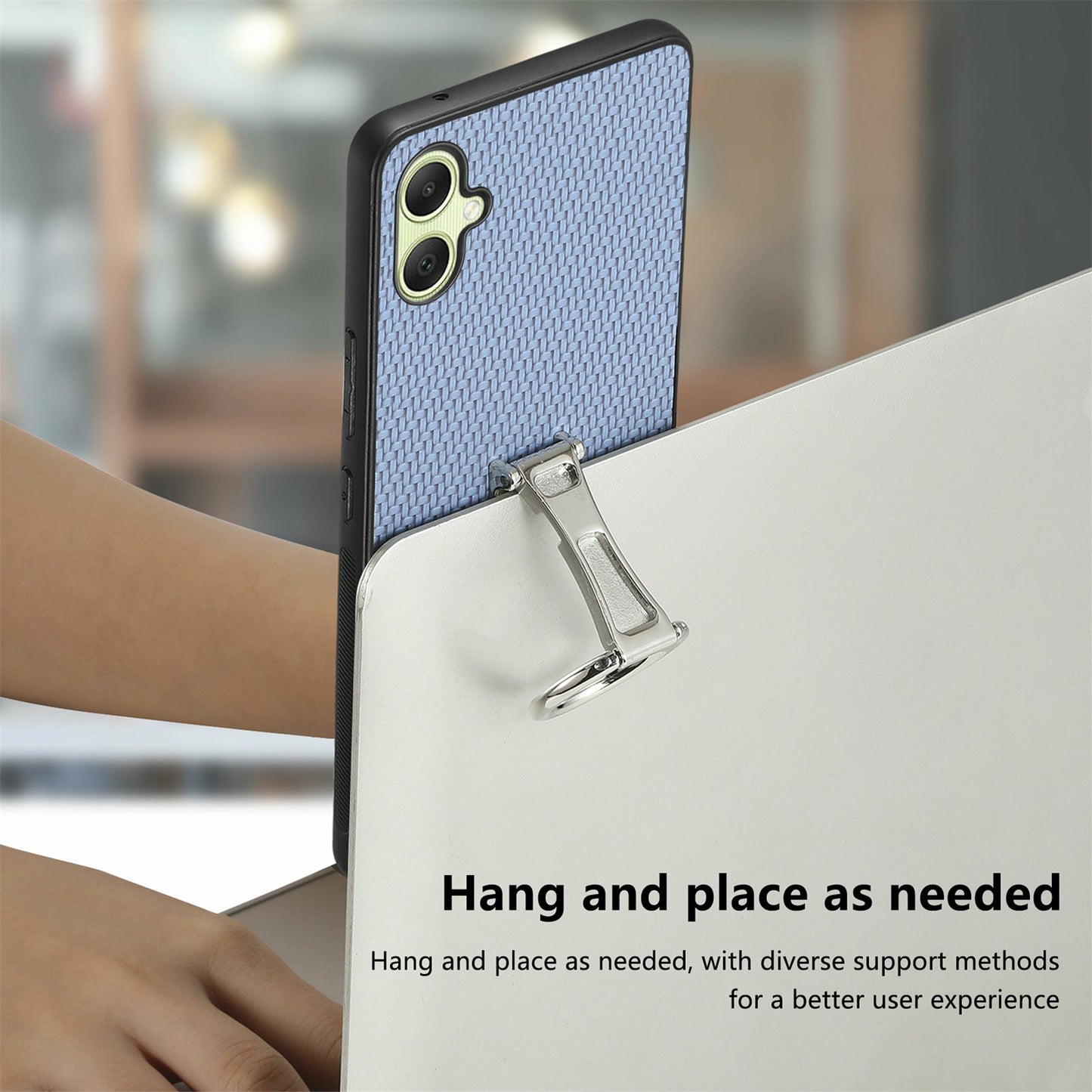 CASENEO C1-19 For Samsung Galaxy A06 Case Folding Kickstand Leather Back Cover Carbon Fiber Texture - Apricot