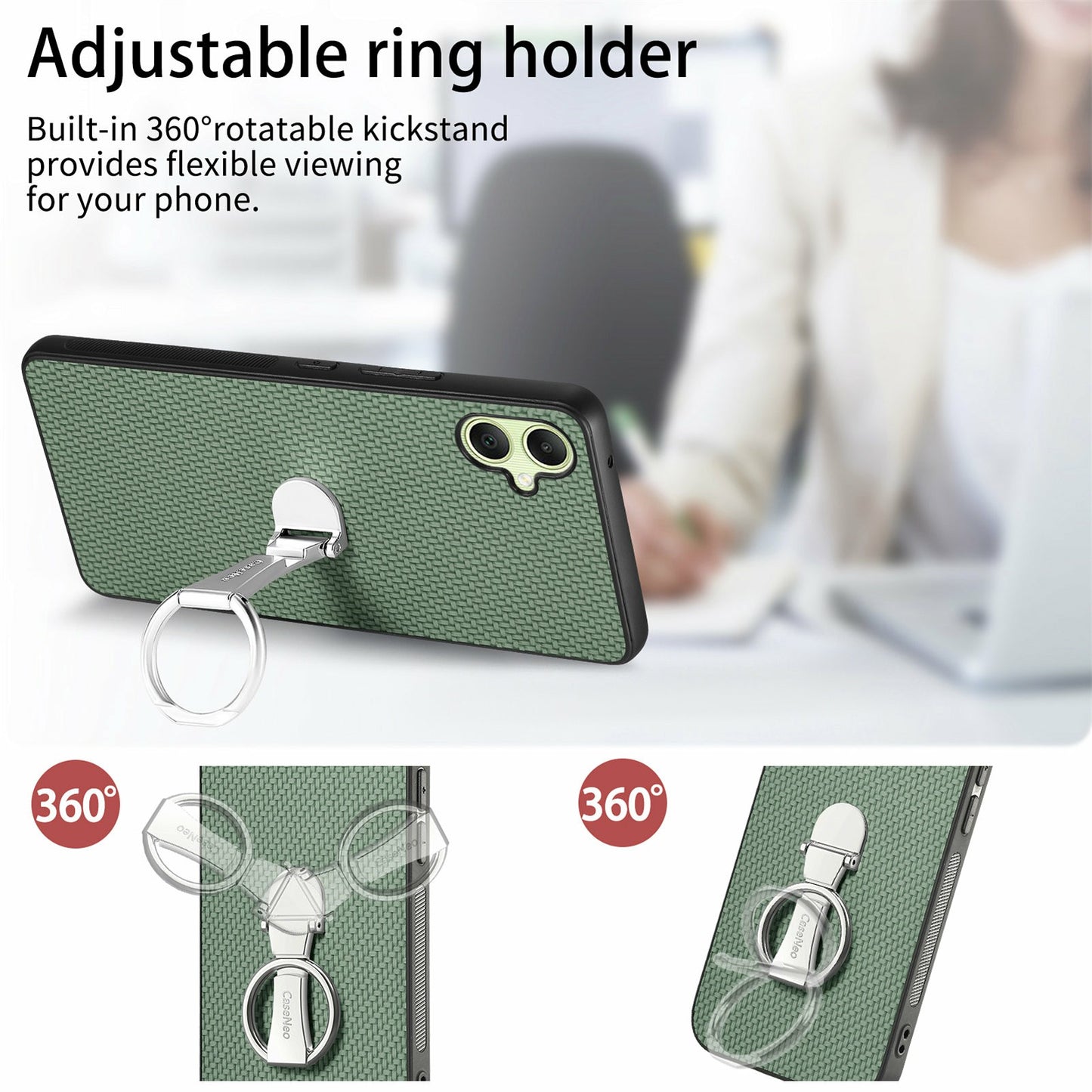 CASENEO C1-19 For Samsung Galaxy A06 Case Folding Kickstand Leather Back Cover Carbon Fiber Texture - Green