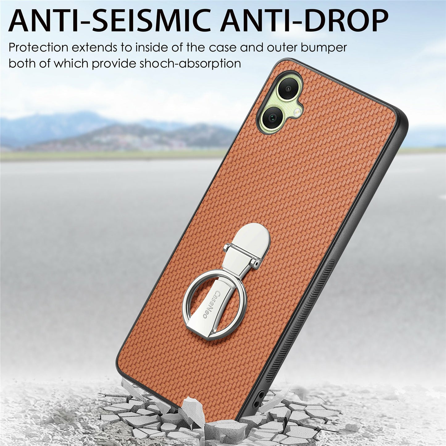 CASENEO C1-19 For Samsung Galaxy A06 Case Folding Kickstand Leather Back Cover Carbon Fiber Texture - Brown
