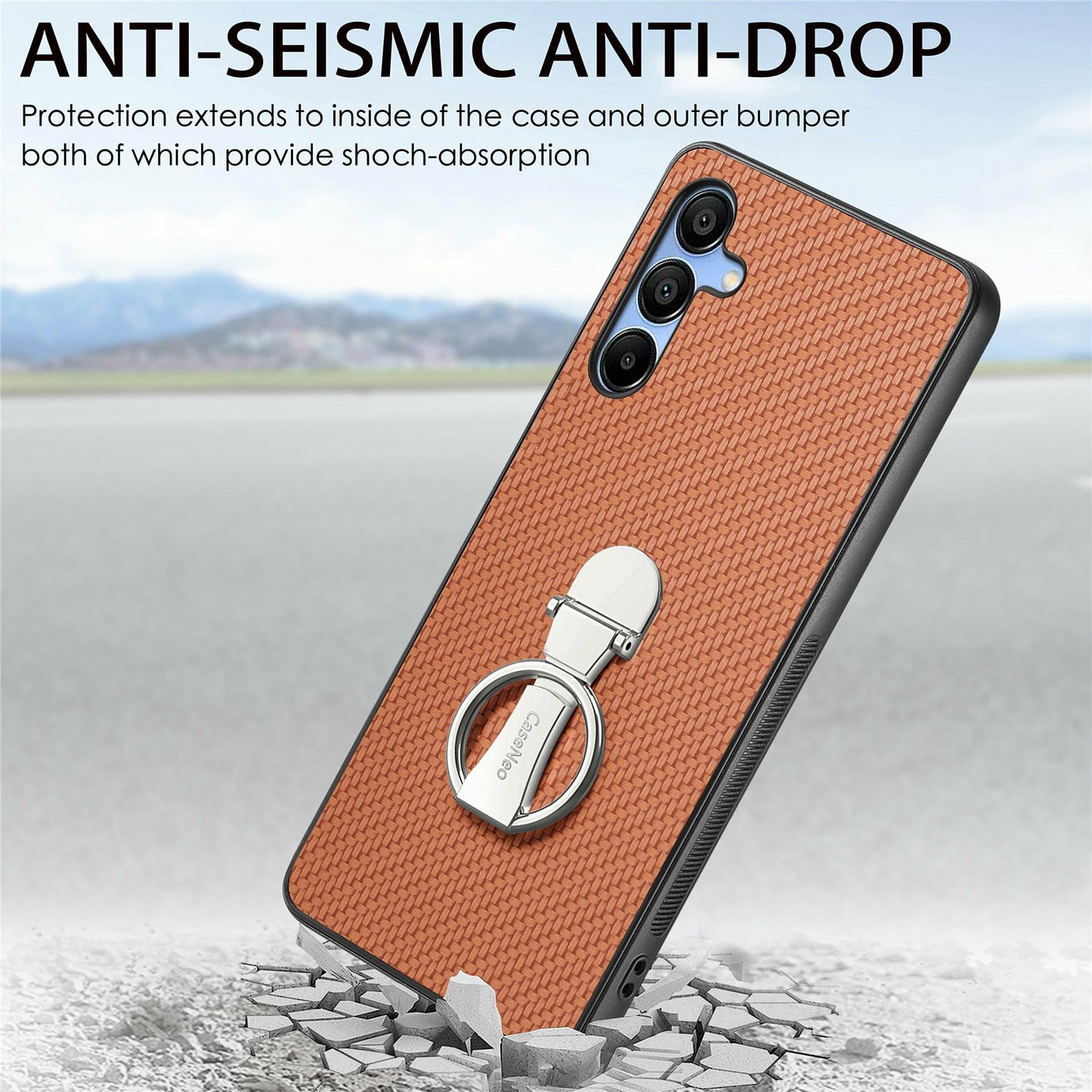 CASENEO C1-19 For Samsung Galaxy A16 4G / 5G Case Folding Kickstand Leather Back Cover Carbon Fiber Texture - Brown