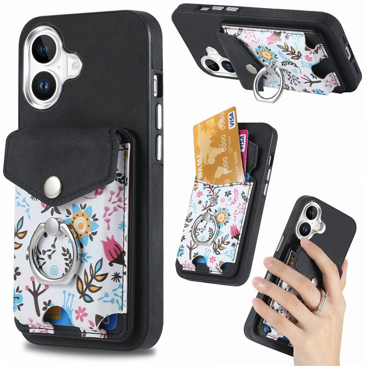 For iPhone 16 Plus Case Compatible with MagSafe Card Bag Leather+TPU Phone Cover - Black