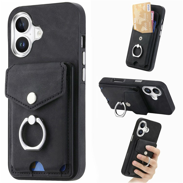 For iPhone 16 Plus Case Ring Kickstand Leather Coated TPU Back Cover with Card Holder - Black