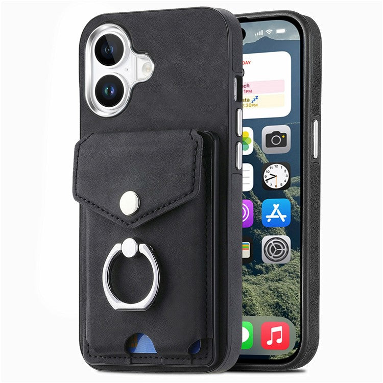 For iPhone 16 Plus Case Ring Kickstand Leather Coated TPU Back Cover with Card Holder - Black