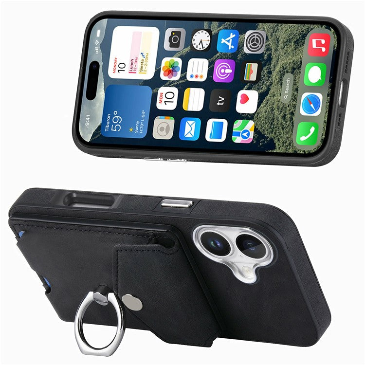 For iPhone 16 Plus Case Ring Kickstand Leather Coated TPU Back Cover with Card Holder - Black