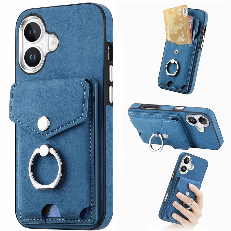 For iPhone 16 Case Ring Kickstand Leather Coated TPU Back Cover with Card Holder - Blue