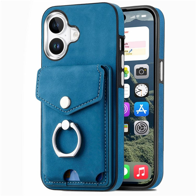 For iPhone 16 Case Ring Kickstand Leather Coated TPU Back Cover with Card Holder - Blue