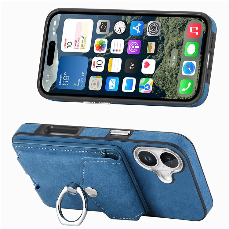For iPhone 16 Case Ring Kickstand Leather Coated TPU Back Cover with Card Holder - Blue