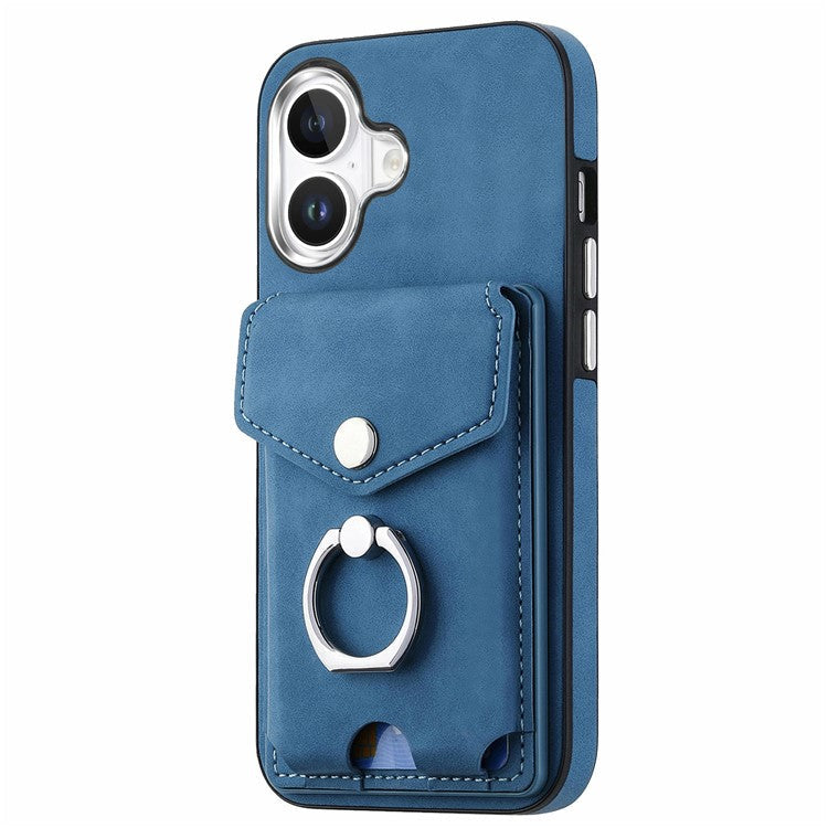 For iPhone 16 Case Ring Kickstand Leather Coated TPU Back Cover with Card Holder - Blue