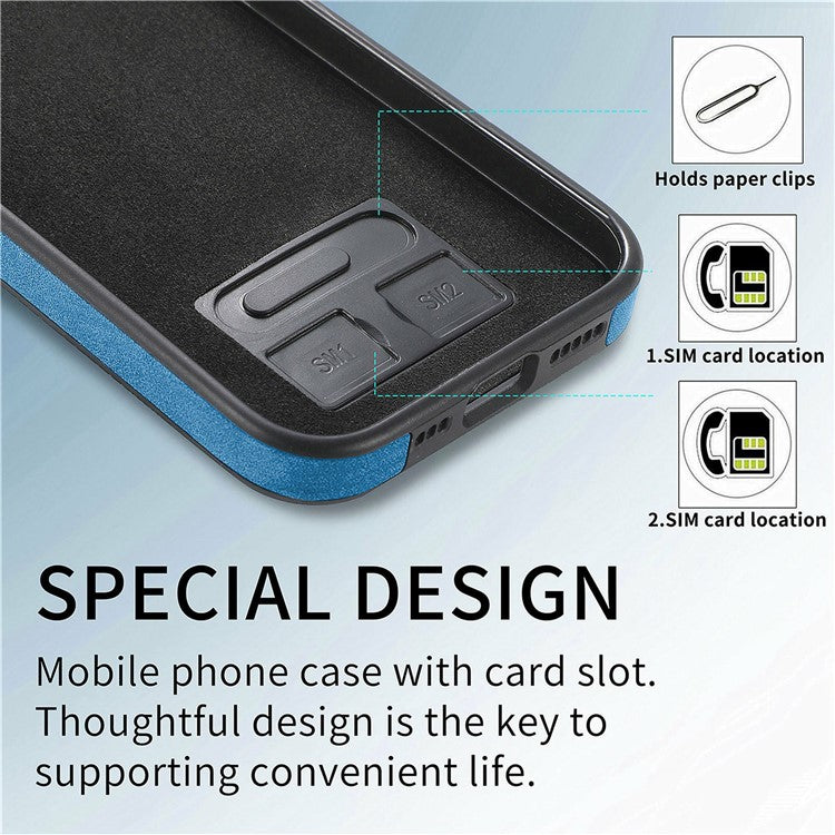 For iPhone 16 Case Ring Kickstand Leather Coated TPU Back Cover with Card Holder - Blue