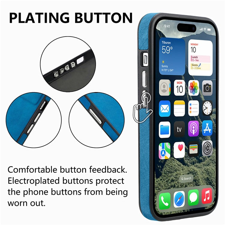 For iPhone 16 Case Ring Kickstand Leather Coated TPU Back Cover with Card Holder - Blue