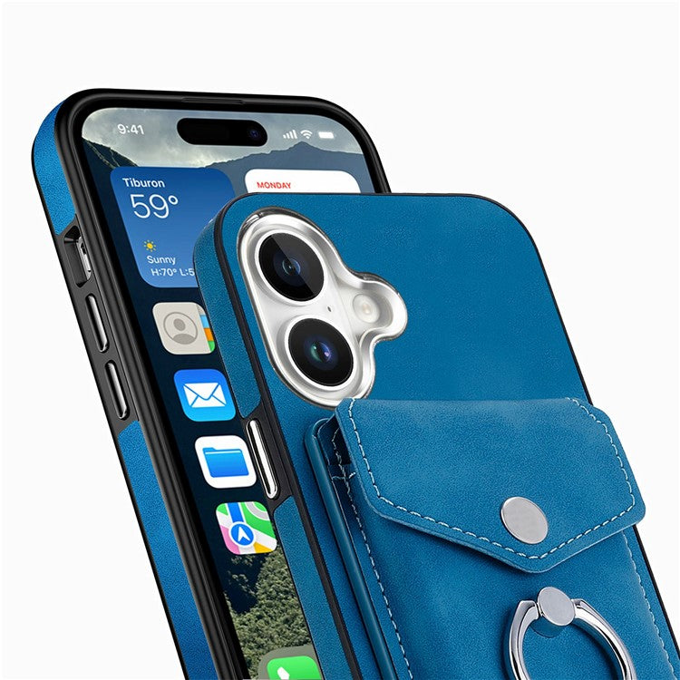 For iPhone 16 Case Ring Kickstand Leather Coated TPU Back Cover with Card Holder - Blue