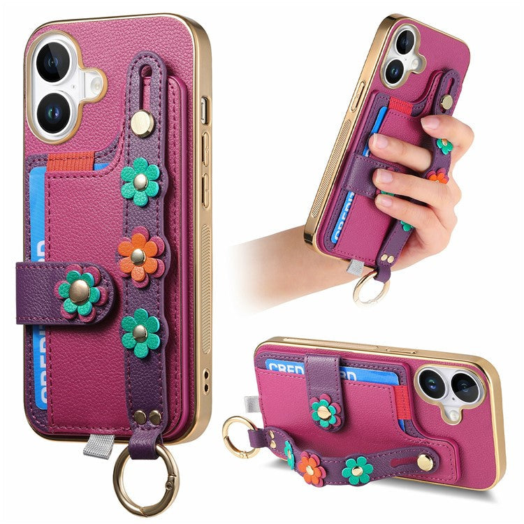 For iPhone 16 Case Card Holder Leather Back Cover 3D Flower Wristband - Purple