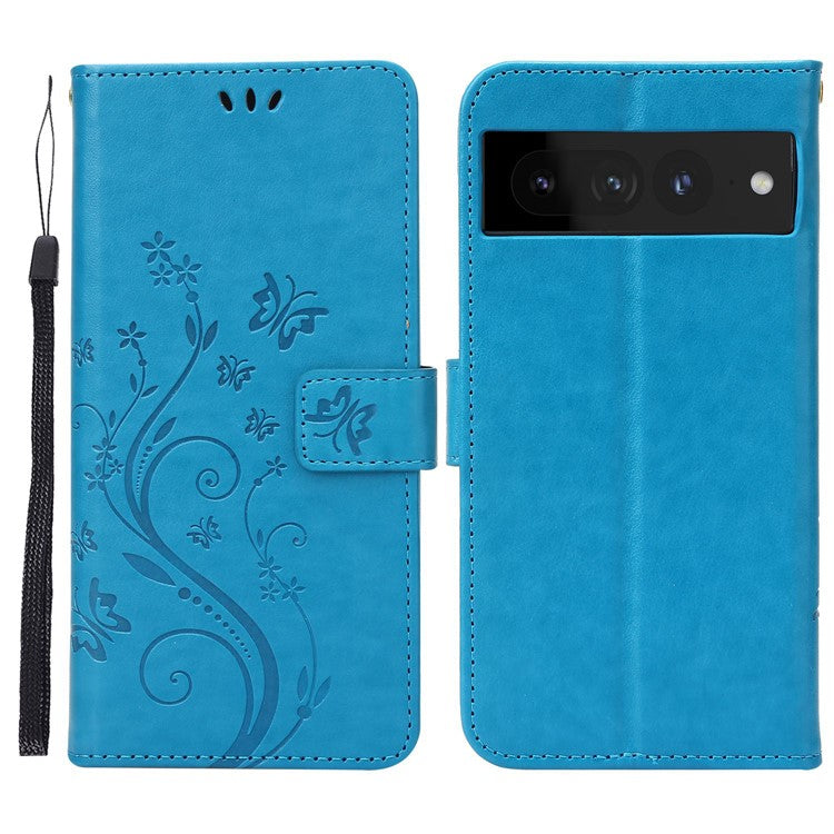 For Google Pixel 7 Pro Wallet Stand PU Leather Imprinting Flower Butterflies Case Full Protection Inner TPU Phone Cover with Strap - Blue