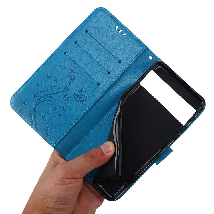 For Google Pixel 7 Pro Wallet Stand PU Leather Imprinting Flower Butterflies Case Full Protection Inner TPU Phone Cover with Strap - Blue