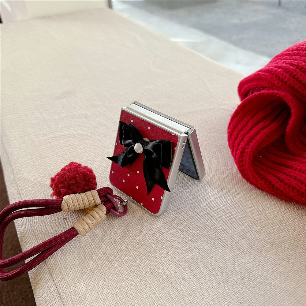 For Samsung Galaxy Z Flip7 FE 5G / Z Flip6 5G Case Dots Bowknot Leather+PC Phone Cover with Hand Strap