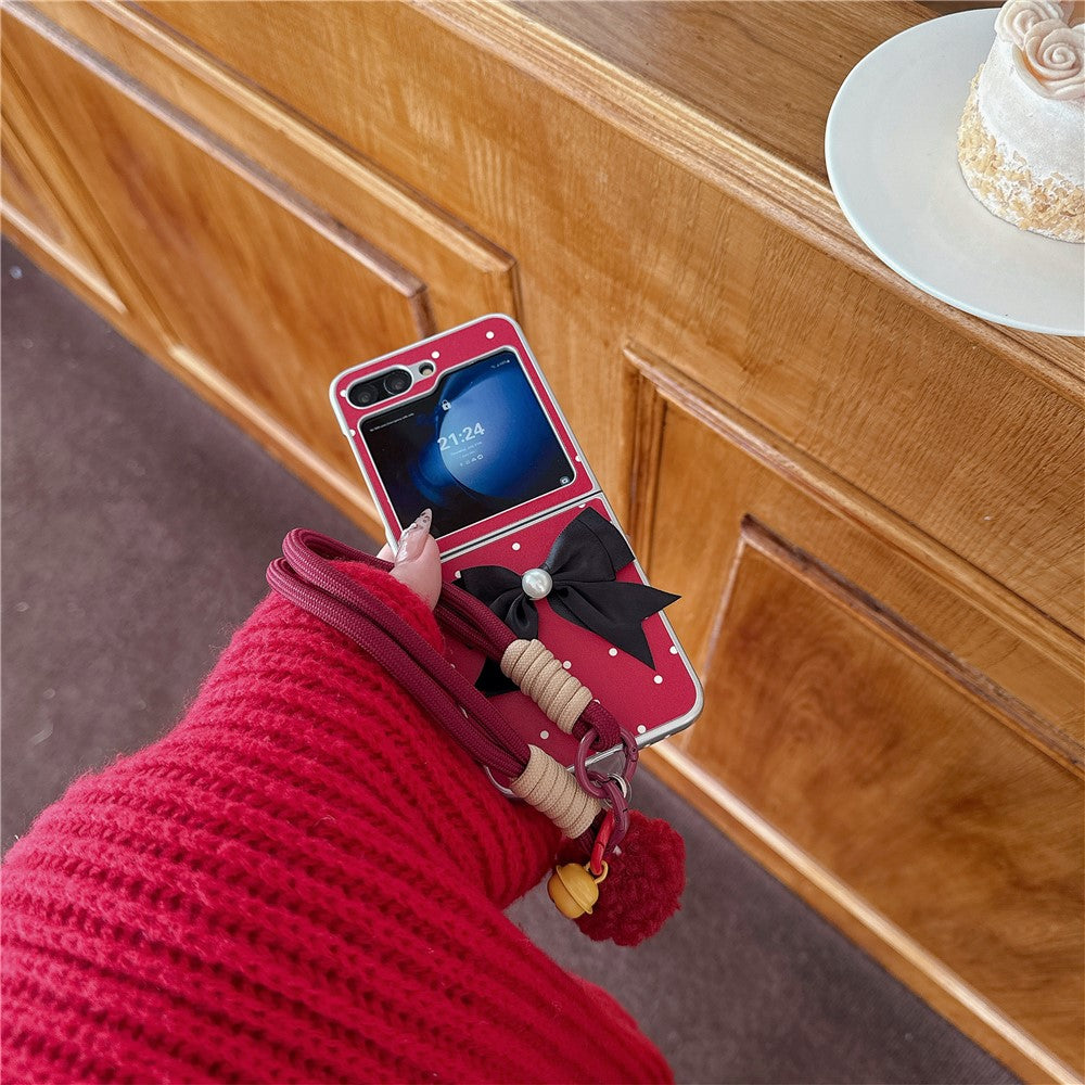 For Samsung Galaxy Z Flip7 FE 5G / Z Flip6 5G Case Dots Bowknot Leather+PC Phone Cover with Hand Strap