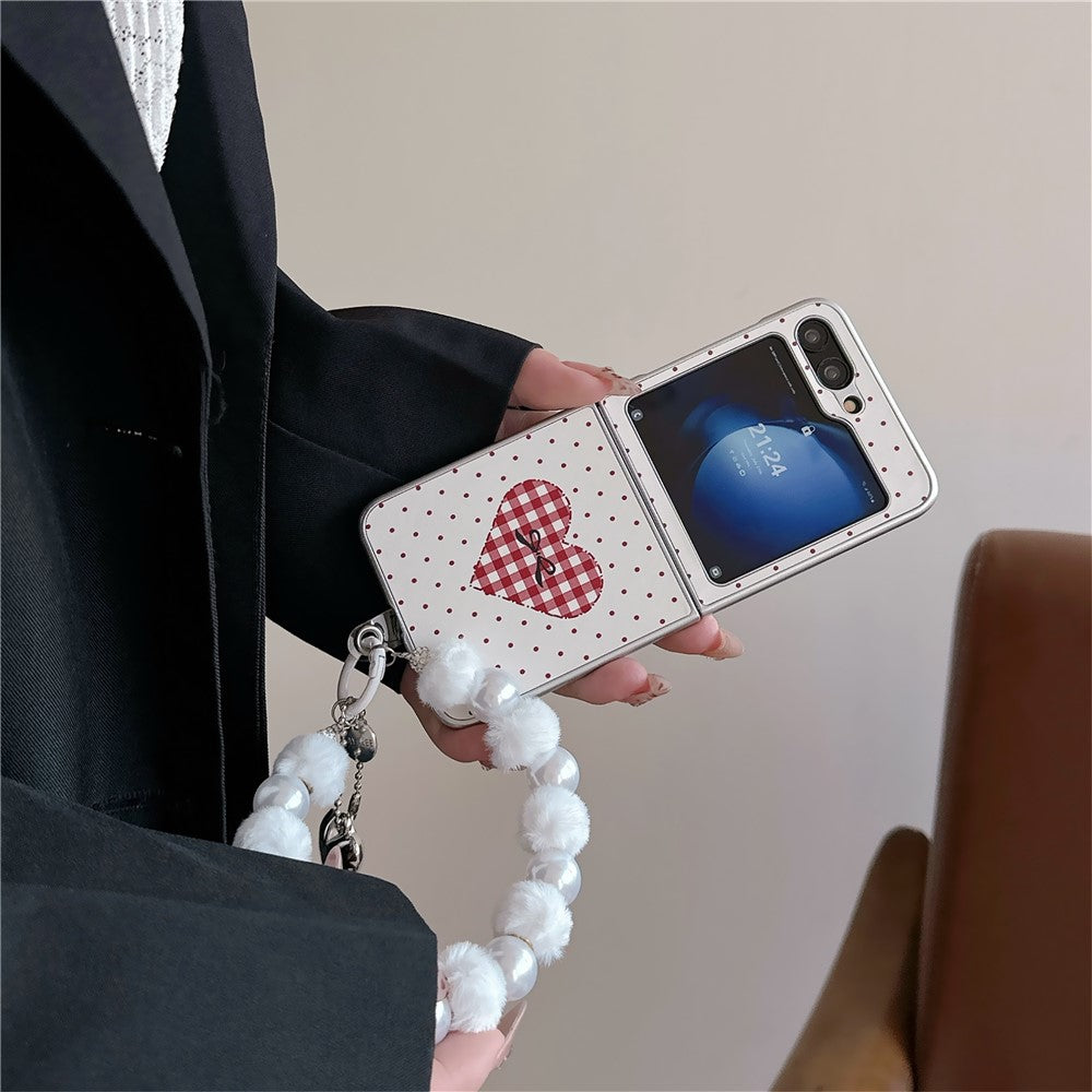 For Samsung Galaxy Z Flip7 FE 5G / Z Flip6 5G Case Dots Heart Pattern Leather+PC Phone Cover with Hand Strap - Red