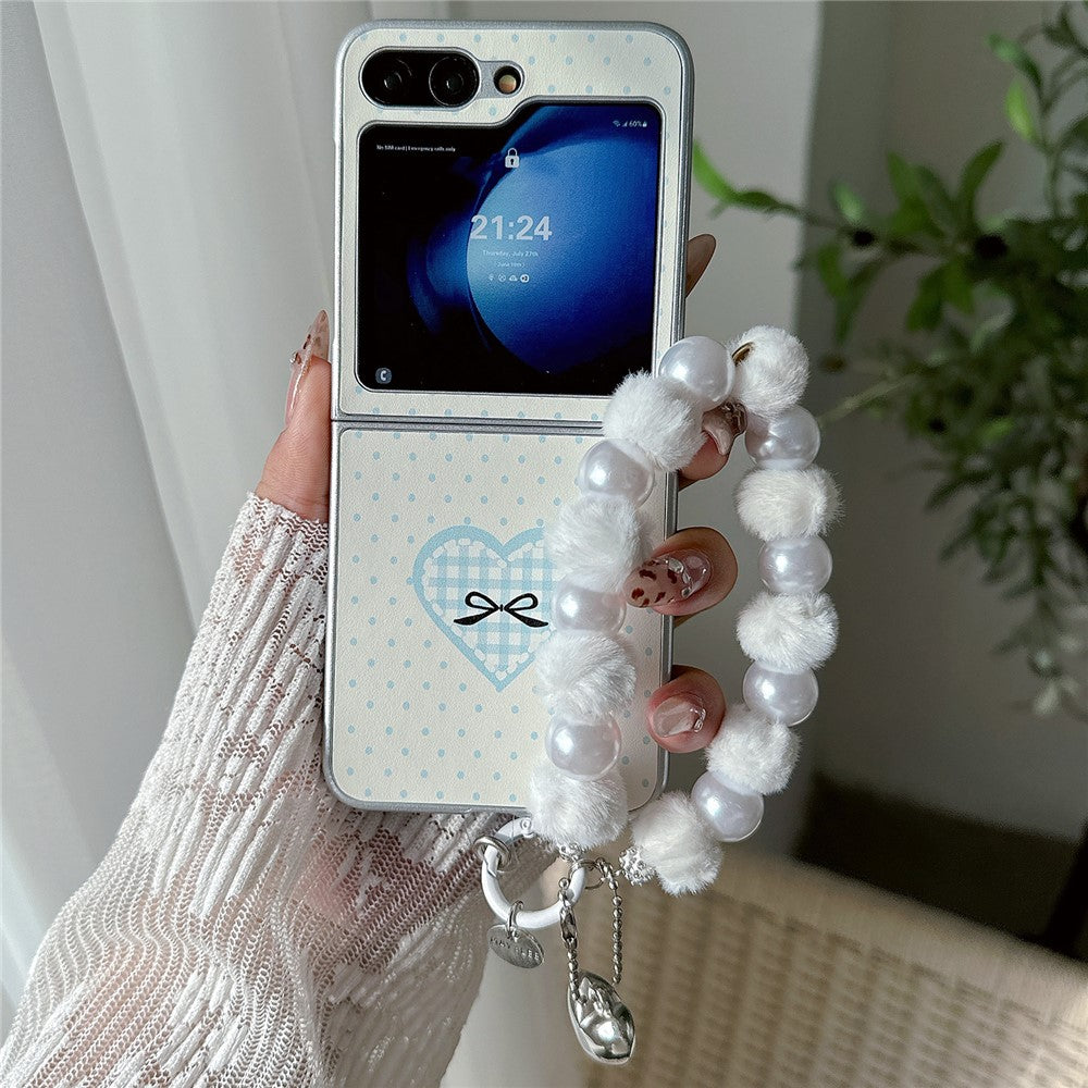 For Samsung Galaxy Z Flip7 FE 5G / Z Flip6 5G Case Dots Heart Pattern Leather+PC Phone Cover with Hand Strap - Blue
