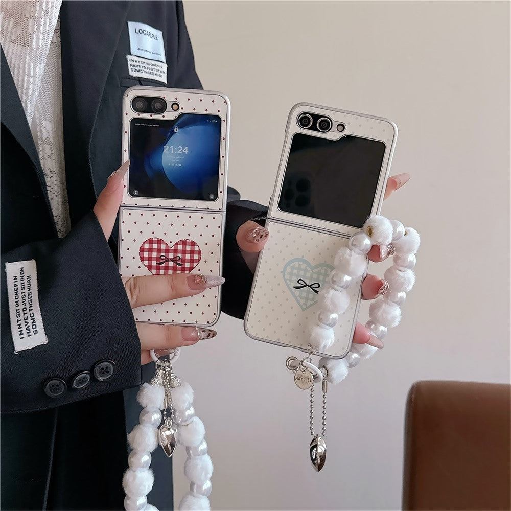 For Samsung Galaxy Z Flip7 FE 5G / Z Flip6 5G Case Dots Heart Pattern Leather+PC Phone Cover with Hand Strap - Blue