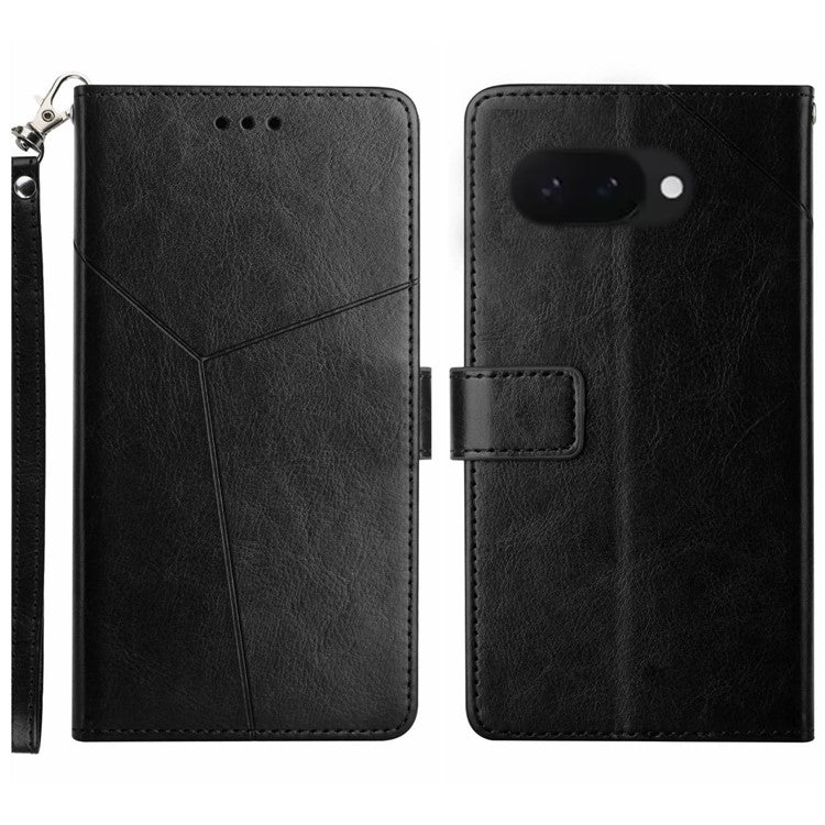HT01 For Google Pixel 9a Case Y-Shaped Lines Imprint Leather Phone Cover - Black