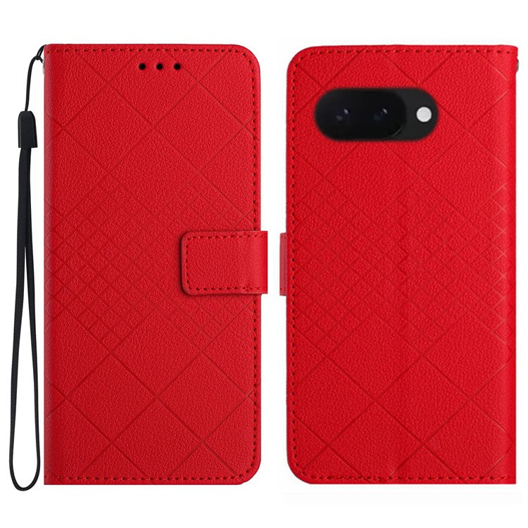 HT06 For Google Pixel 9a Wallet Phone Case Imprint PU Leather Flip Folio Cover - Red