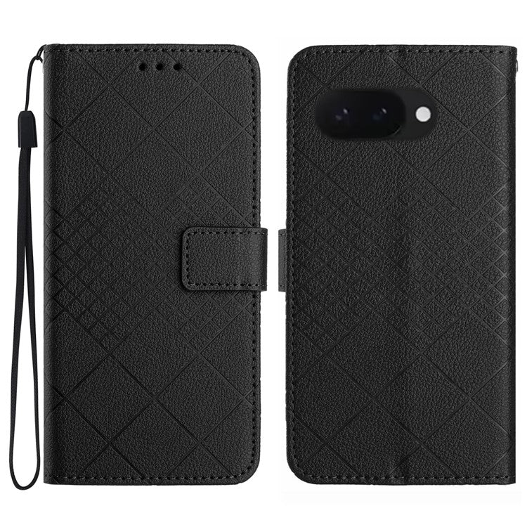 HT06 For Google Pixel 9a Wallet Phone Case Imprint PU Leather Flip Folio Cover - Black
