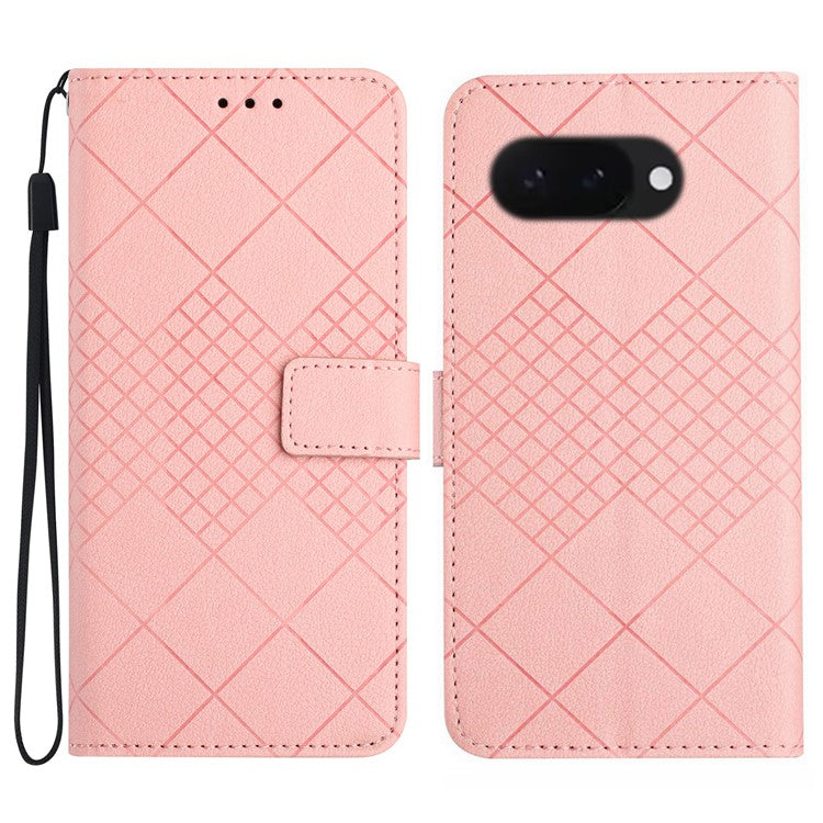 HT06 For Google Pixel 9a Wallet Phone Case Imprint PU Leather Flip Folio Cover - Pink