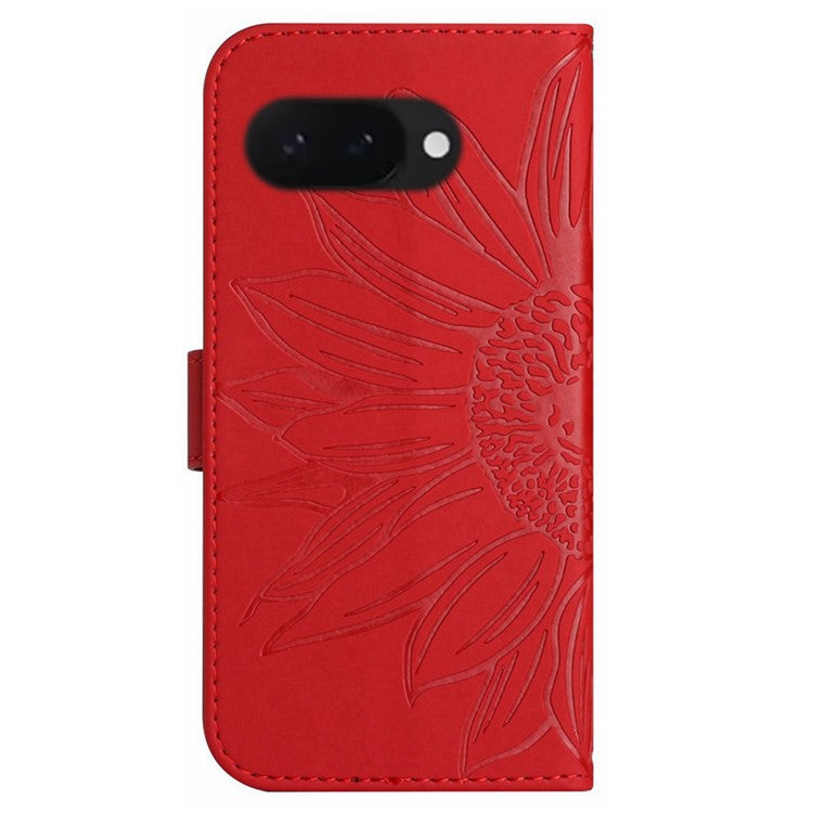 HT04 For Google Pixel 9a Case Sunflower Imprint Leather Wallet Phone Cover with Wrist Strap - Red