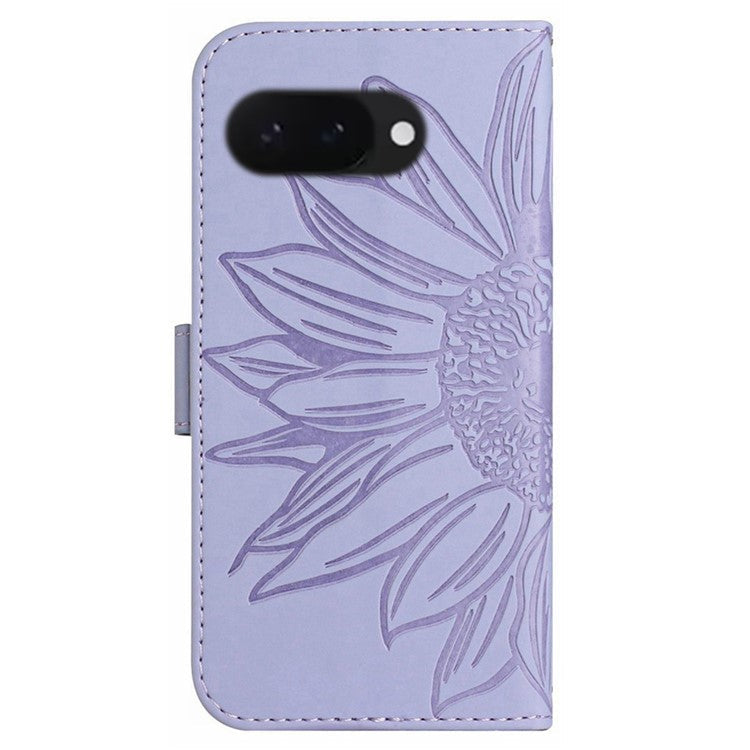 HT04 For Google Pixel 9a Case Sunflower Imprint Leather Wallet Phone Cover with Wrist Strap - Light Purple