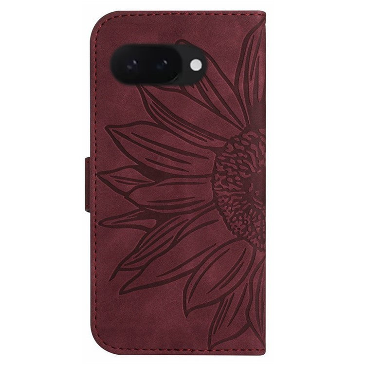 HT04 For Google Pixel 9a Case Sunflower Imprint Leather Wallet Phone Cover with Wrist Strap - Wine Red