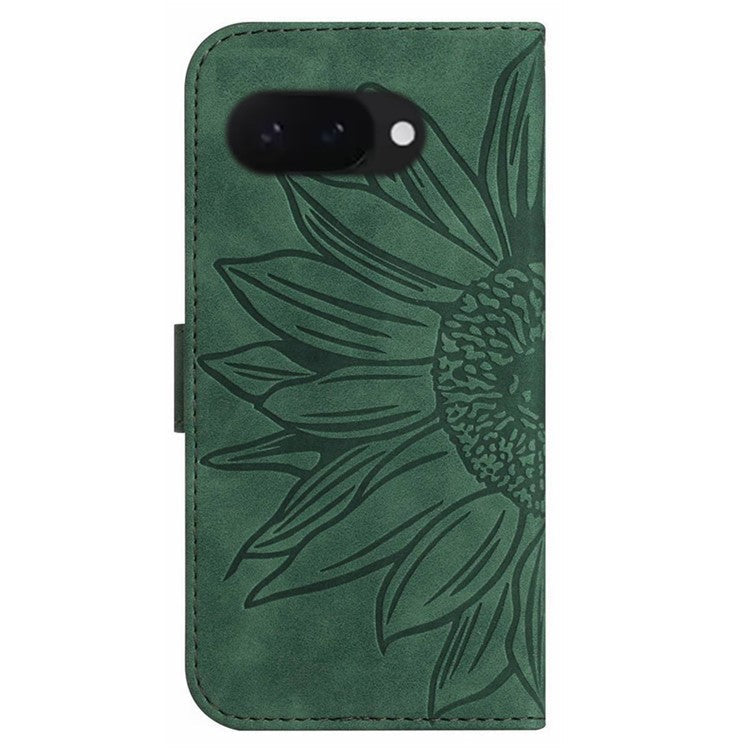 HT04 For Google Pixel 9a Case Sunflower Imprint Leather Wallet Phone Cover with Wrist Strap - Green
