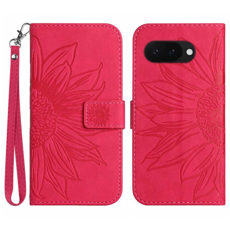 HT04 For Google Pixel 9a Case Sunflower Imprint Leather Wallet Phone Cover with Wrist Strap - Rose